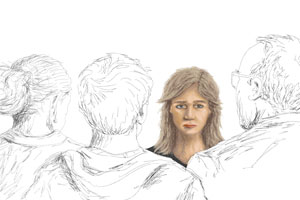 Illustration på kvinna som står bakom några män. 